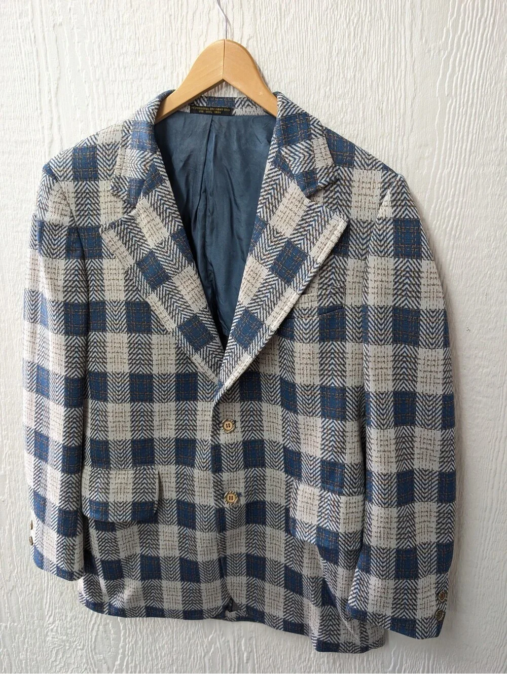 Vintage 70s Sportsman Knits Richman Brothers Blue Plaid Blazer Coat Academia 40L